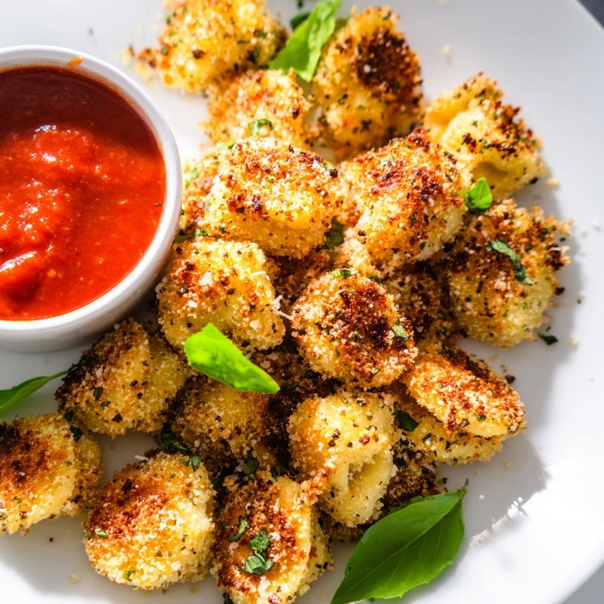 Italian-style appetizer featuring golden brown cheese tortellini served alongside warm red marinara sauce for dipping