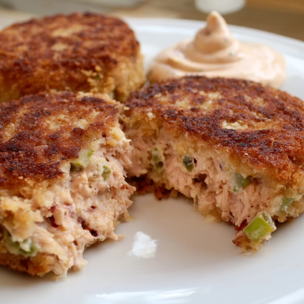 Plate of crispy Southern salmon croquettes served with creamy remoulade dipping sauce