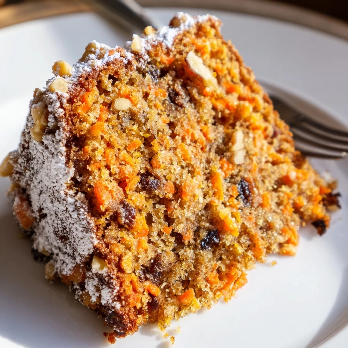 Golden slice of Greek yogurt carrot cake one bowl recipe with visible grated carrot shreds and sprinkled powdered sugar topping