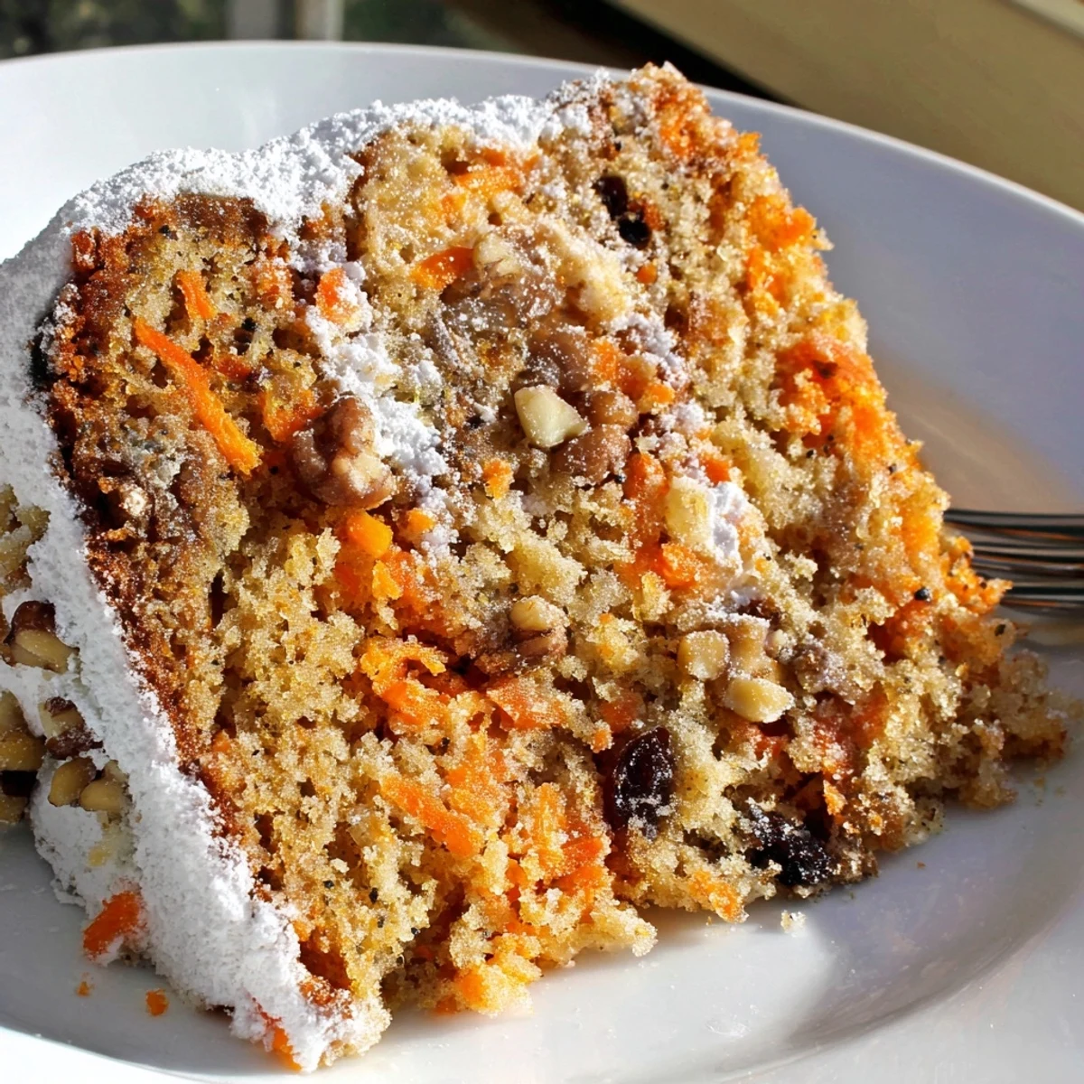 Rustic homemade Greek yogurt carrot cake one bowl dessert served on wooden cutting board with chopped walnut garnish