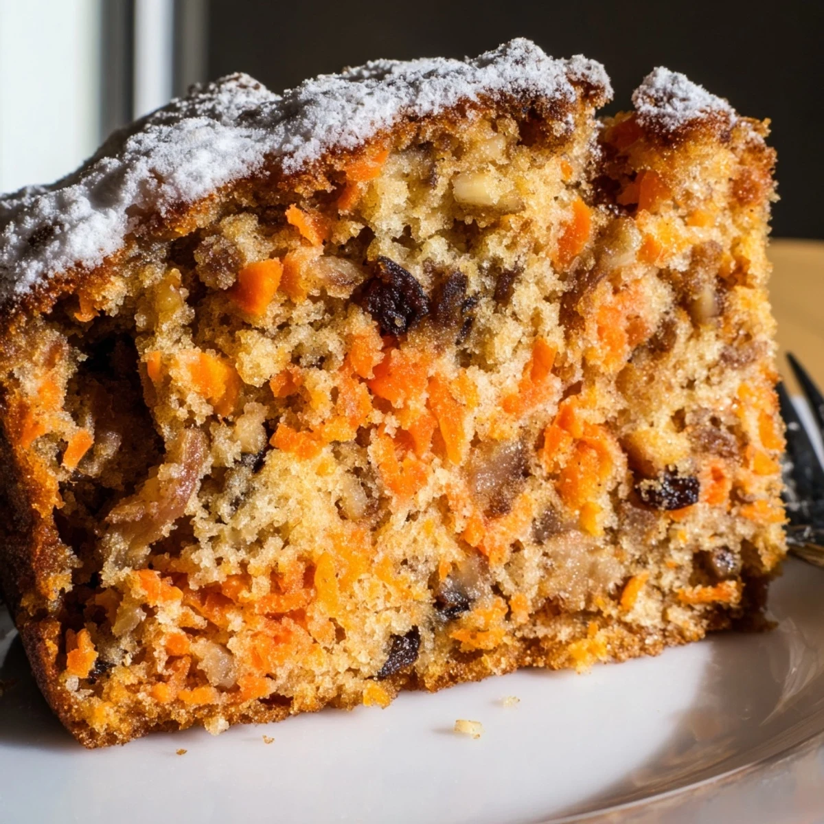 Moist cinnamon-spiced Greek yogurt carrot cake one bowl cake showing tender crumb texture and fresh carrot flecks