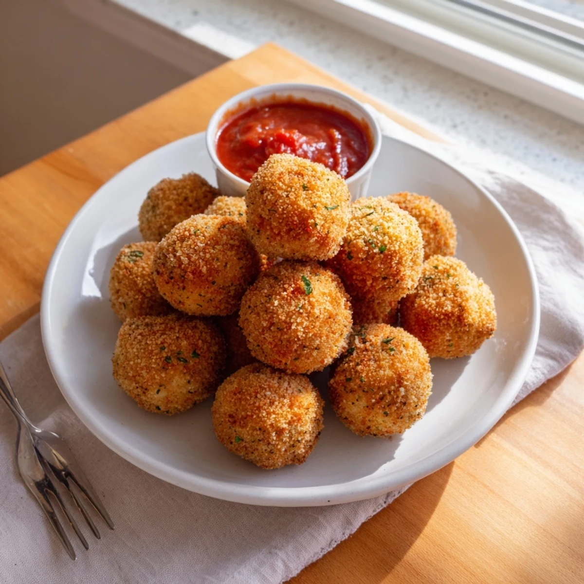 Golden crispy mozzarella cheese balls with gooey melted center served on white plate