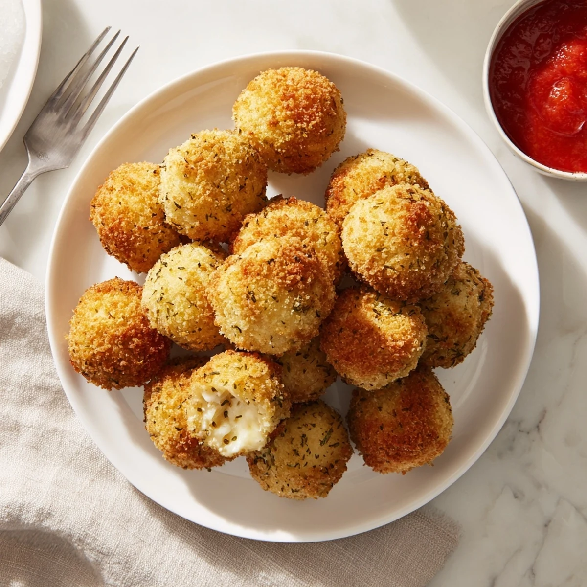 Homemade mozzarella cheese balls featuring golden brown crust and stretchy hot cheese interior