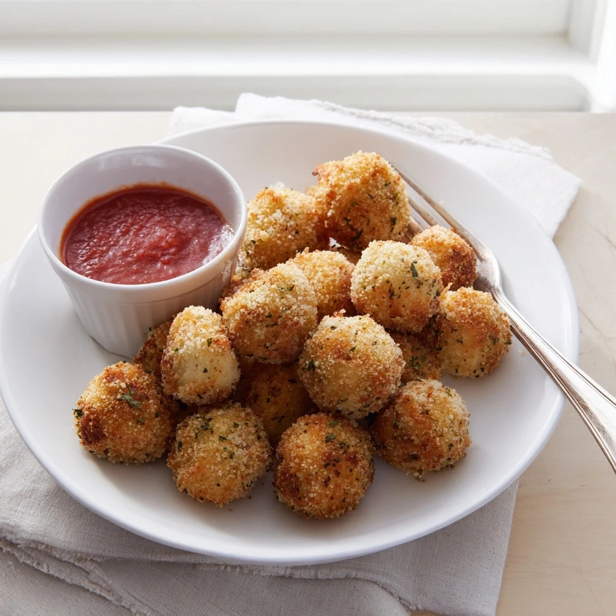 Deep fried mozzarella cheese balls with crunchy panko coating and marinara dipping sauce