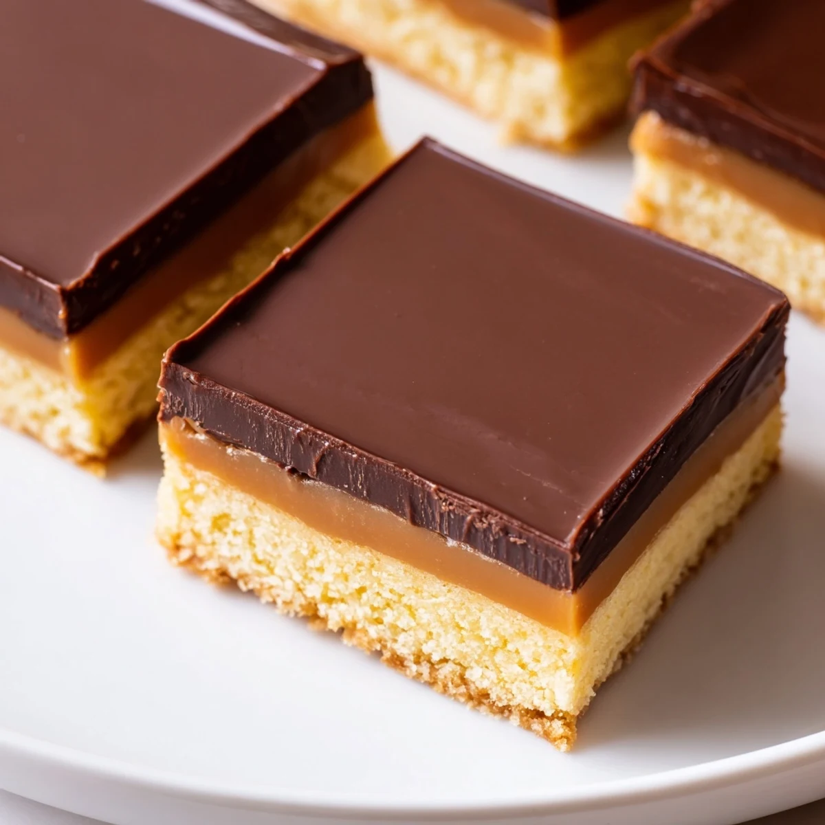Golden Twix bars arranged on a white plate showcasing three distinct dessert layers