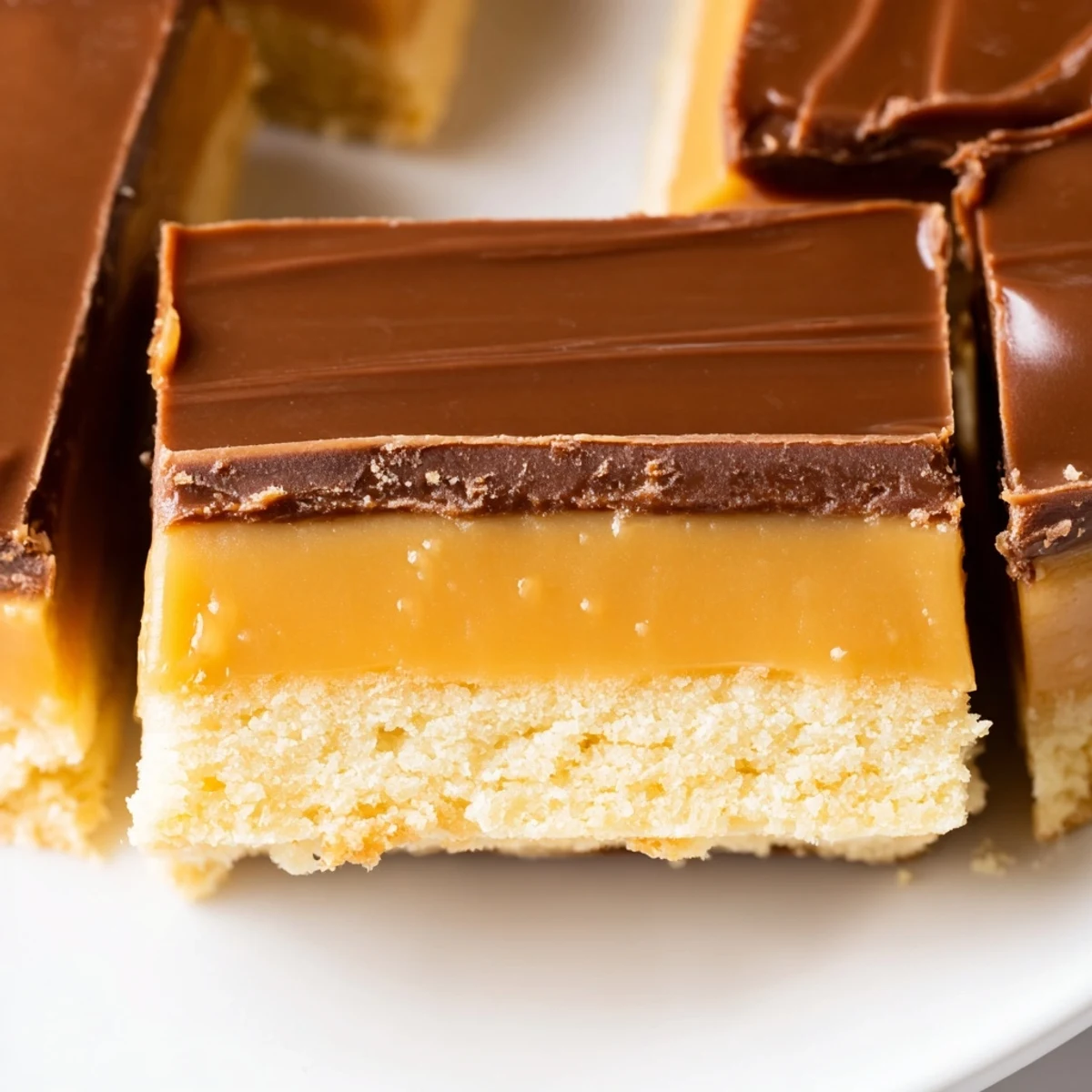 Close-up of Twix bars cut into squares revealing the caramel-filled chocolate coating