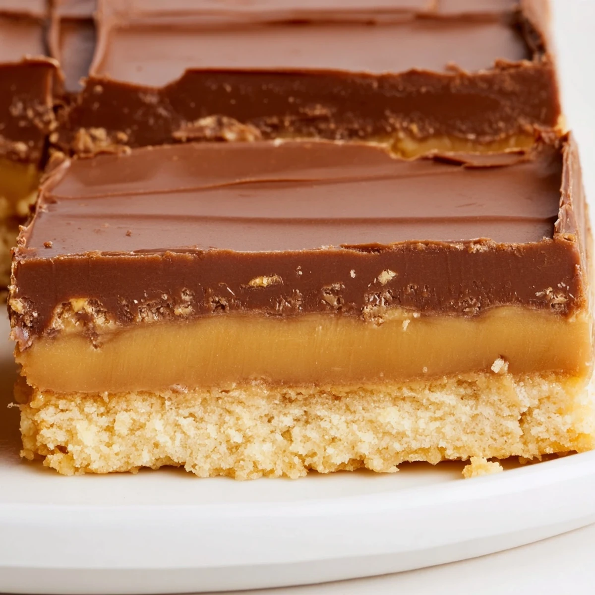 Homemade Twix dessert bars with buttery shortbase, gooey caramel, and milk chocolate topping