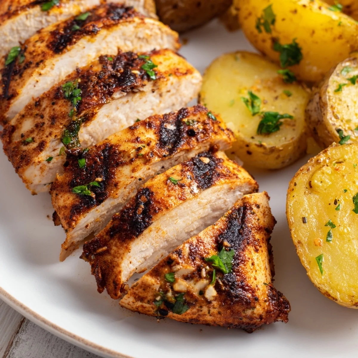 Juicy seasoned grilled chicken slices arranged on a plate with golden crispy roasted potato halves