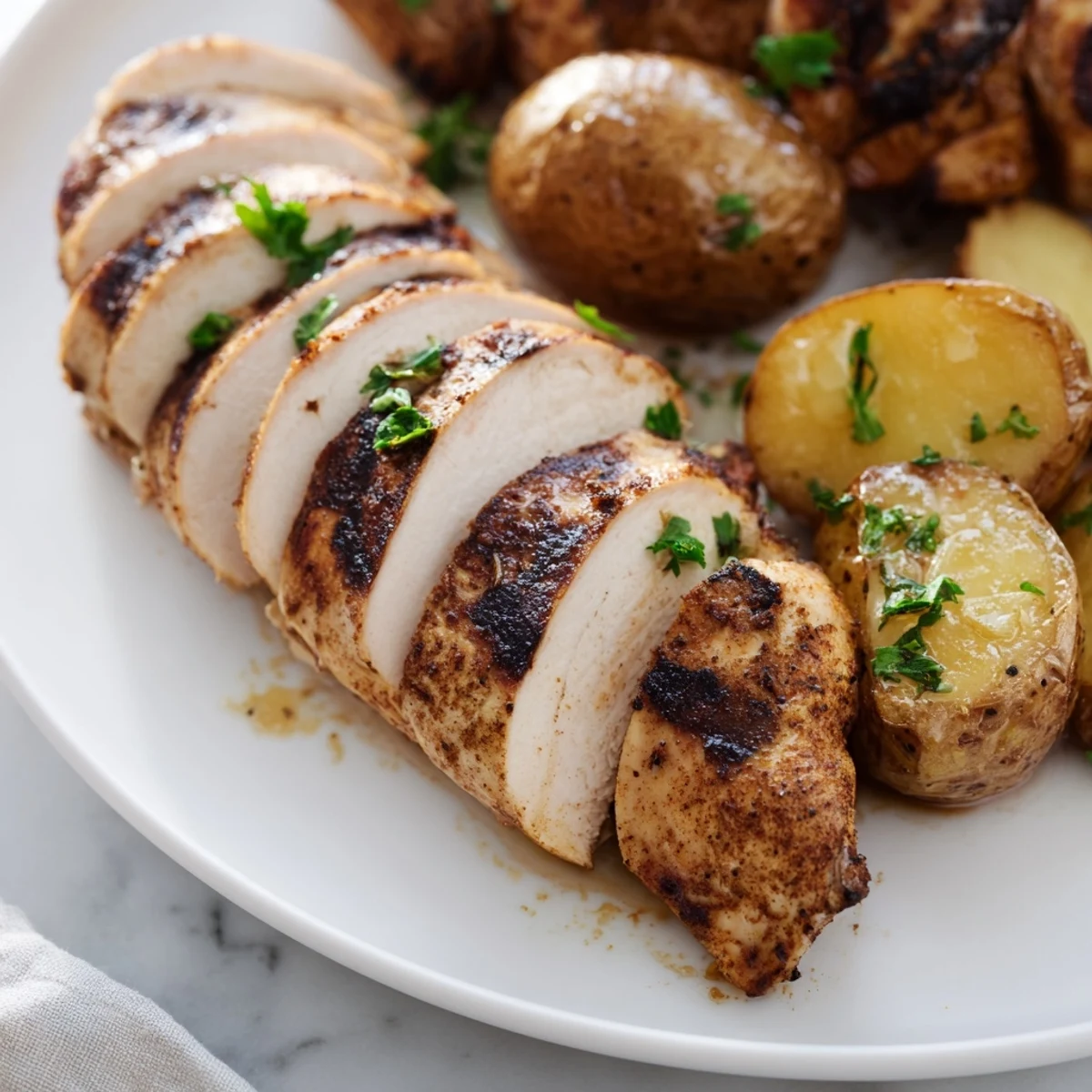 Golden brown grilled chicken breast served beside crispy roasted baby Yukon Gold potatoes with fresh herbs