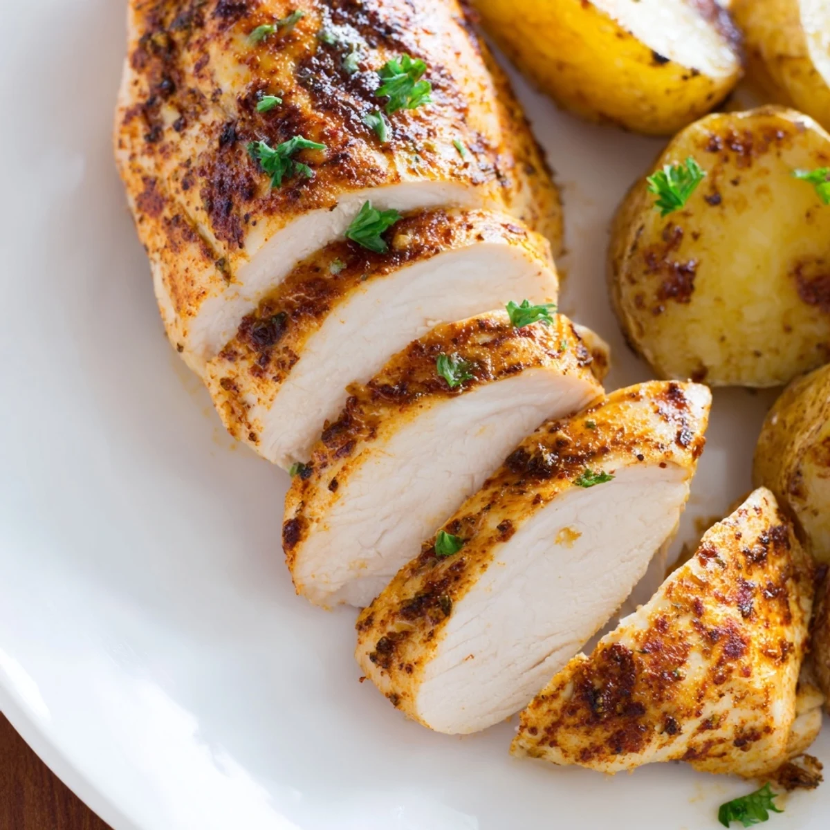 Savory grilled chicken resting next to perfectly roasted crispy potatoes garnished with parsley and lemon