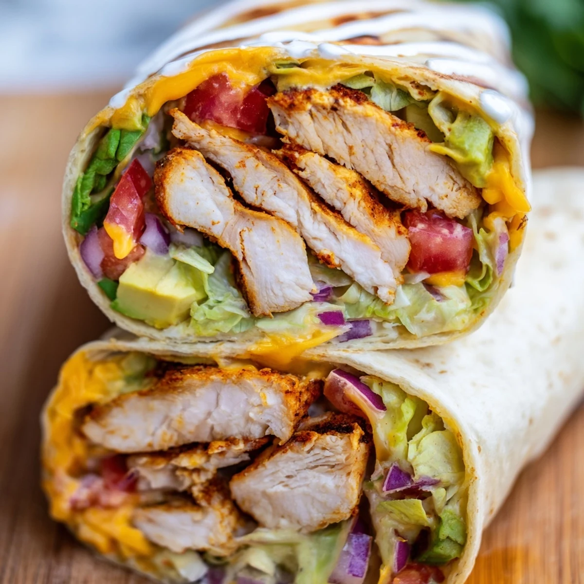 Spicy chicken avocado wraps filled with sliced chicken, fresh veggies, and zesty sauce in soft tortillas