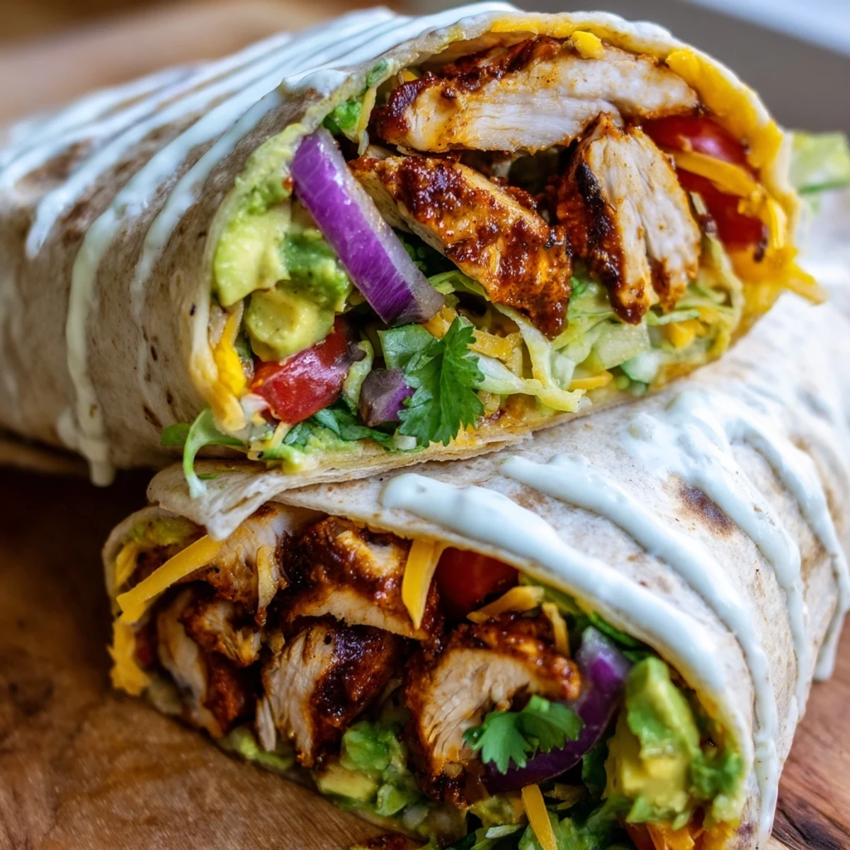 Cross section of spicy chicken avocado wraps showing layers of juicy spiced chicken and creamy avocado