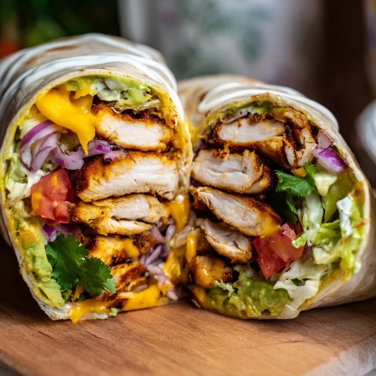 Homemade spicy chicken avocado wraps rolled tight with crisp lettuce, melted cheese, and sriracha cream sauce