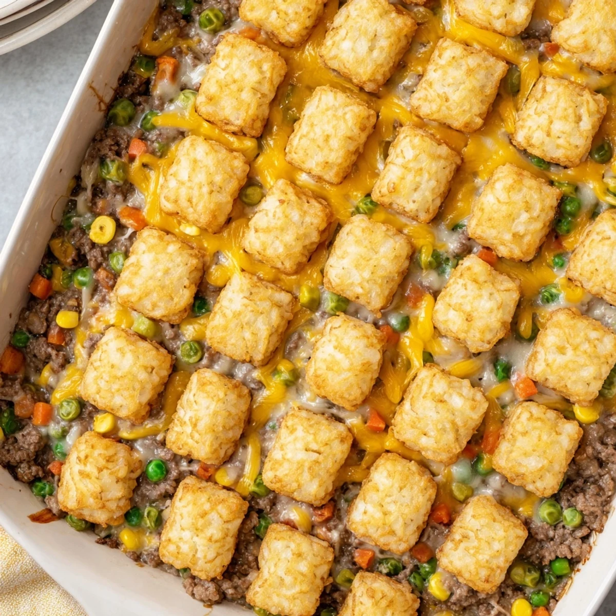 Golden crispy tater tots crown this cheesy ground beef tater tot casserole with bubbling melted cheddar