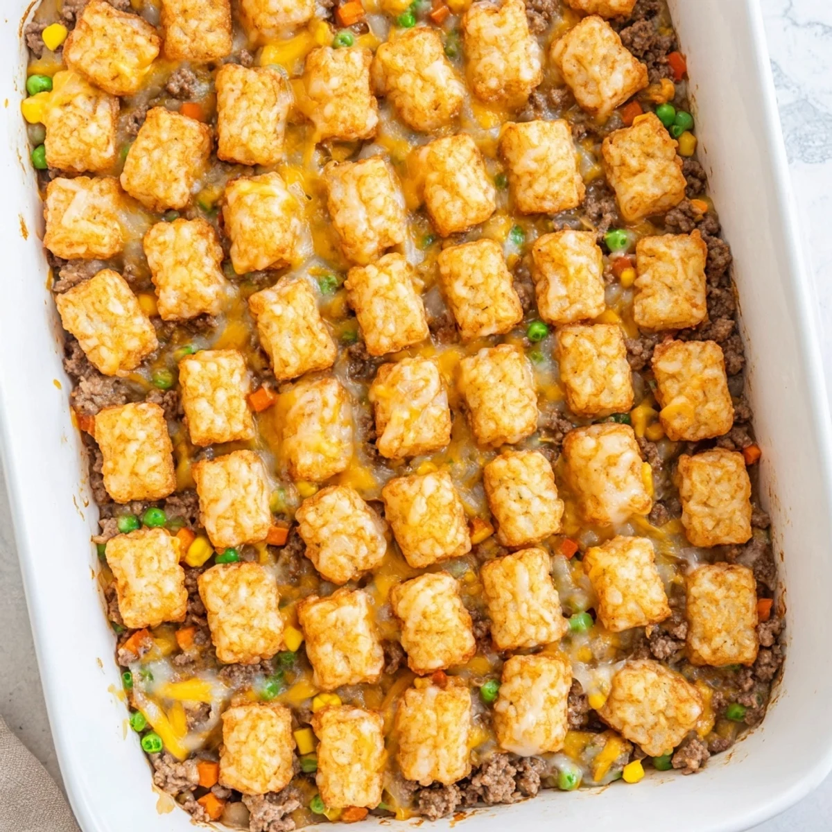 Bubbling cheesy ground beef tater tot casserole fresh from the oven with golden tot topping