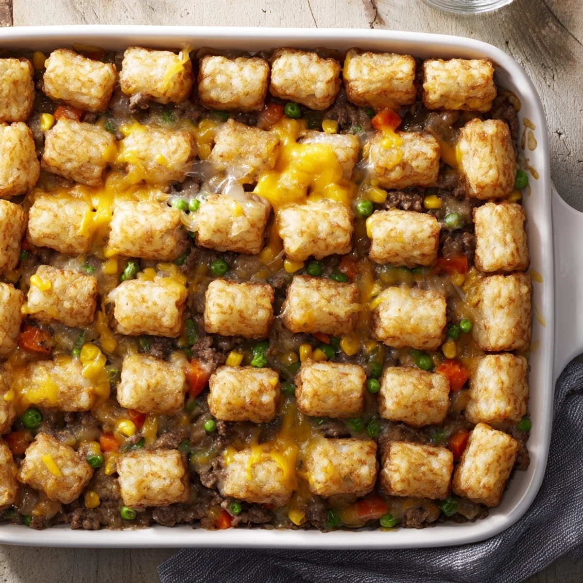 Comforting cheesy ground beef tater tot casserole served warm with melted cheese and crispy tots
