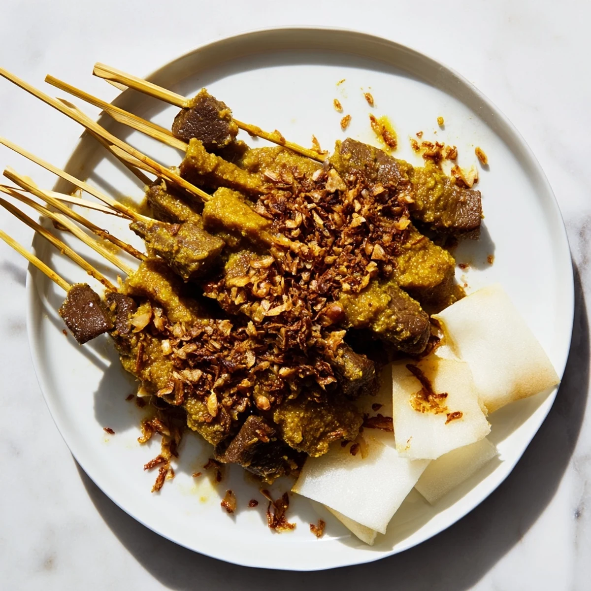 Grilled beef skewers draped in rich golden spiced Padang sauce topped with crispy fried shallots