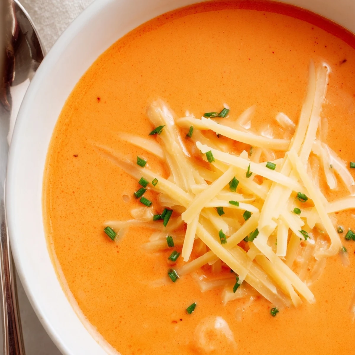 Creamy roasted red pepper Gouda soup garnished with fresh chives and extra shredded cheese