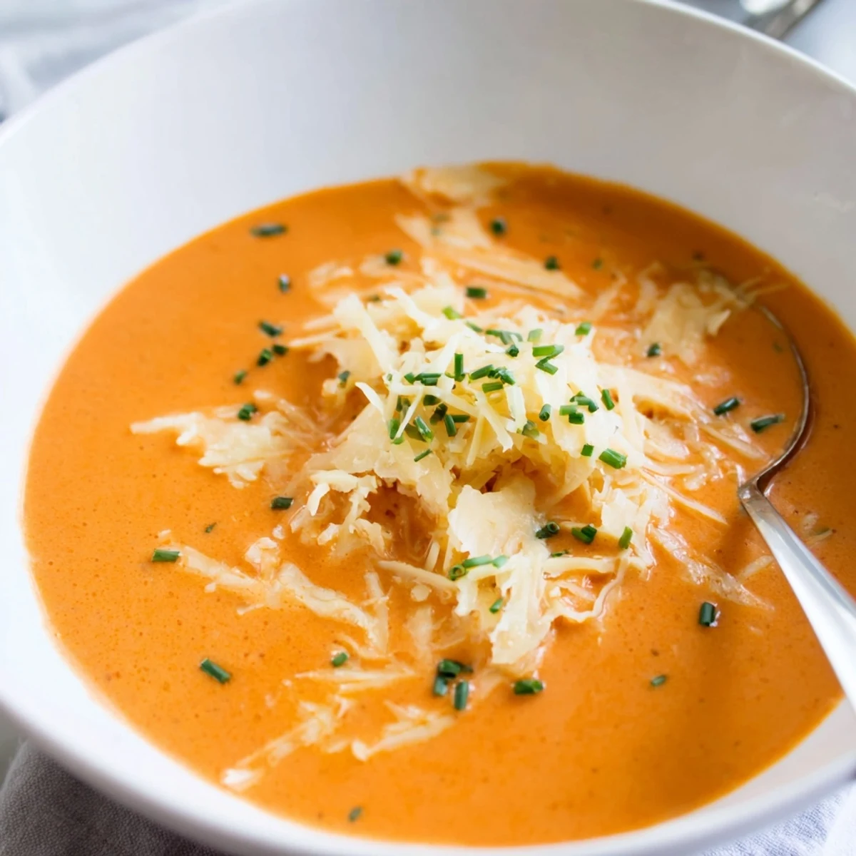 Velvety roasted red pepper Gouda soup served in white bowl with crusty bread on side