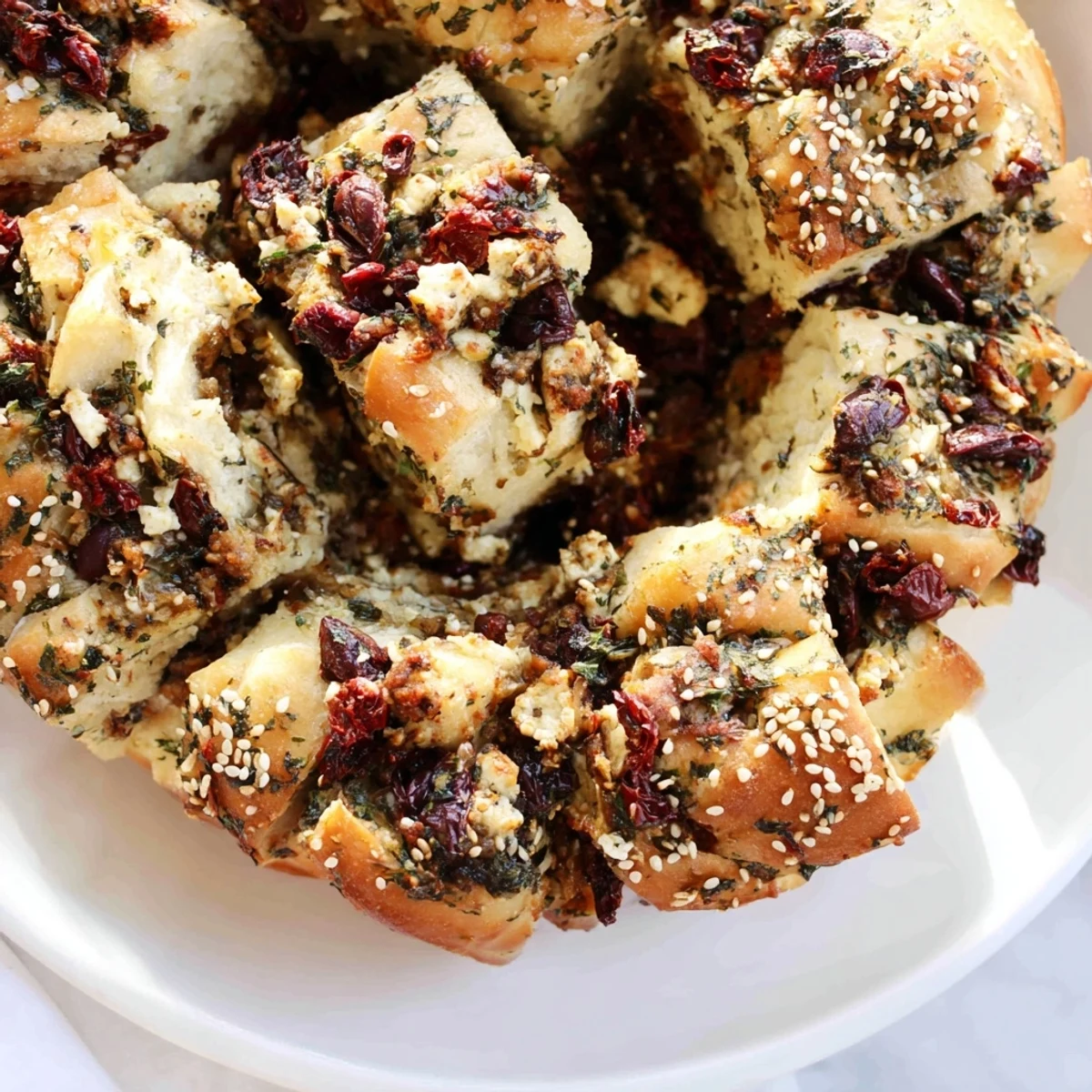 Golden Mediterranean pull-apart bread studded with olives, sun-dried tomatoes, and crumbly feta cheese