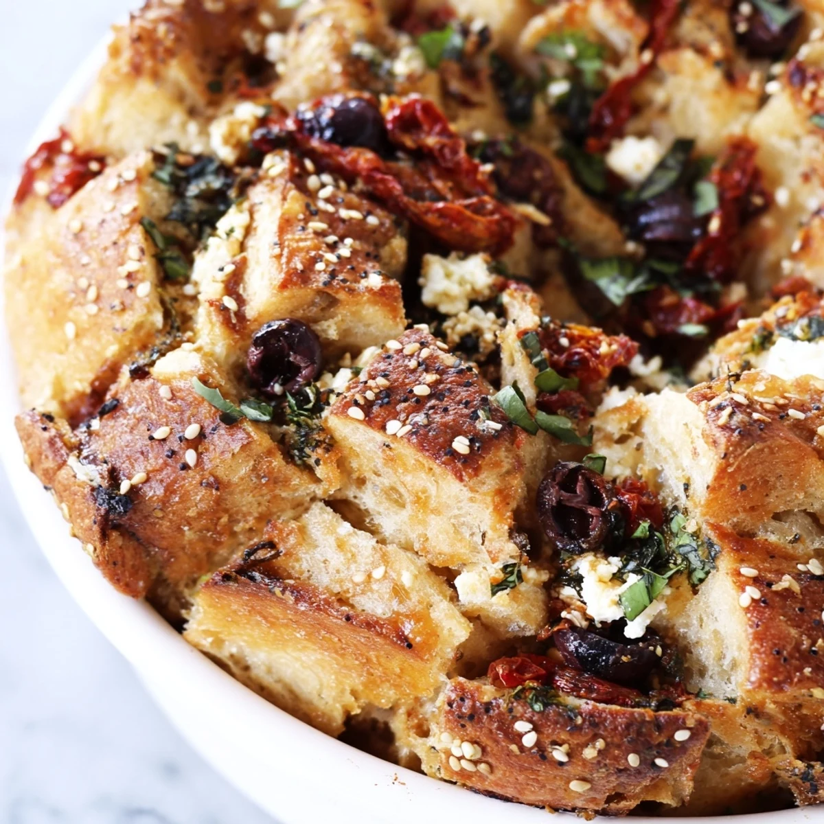 Savory Mediterranean pull-apart bread baked until golden with fresh herbs and salty feta filling