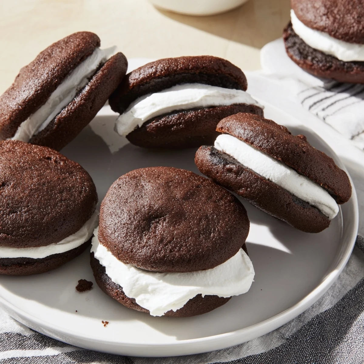Soft chocolate whoopie pies filled with fluffy white marshmallow cream on a white plate