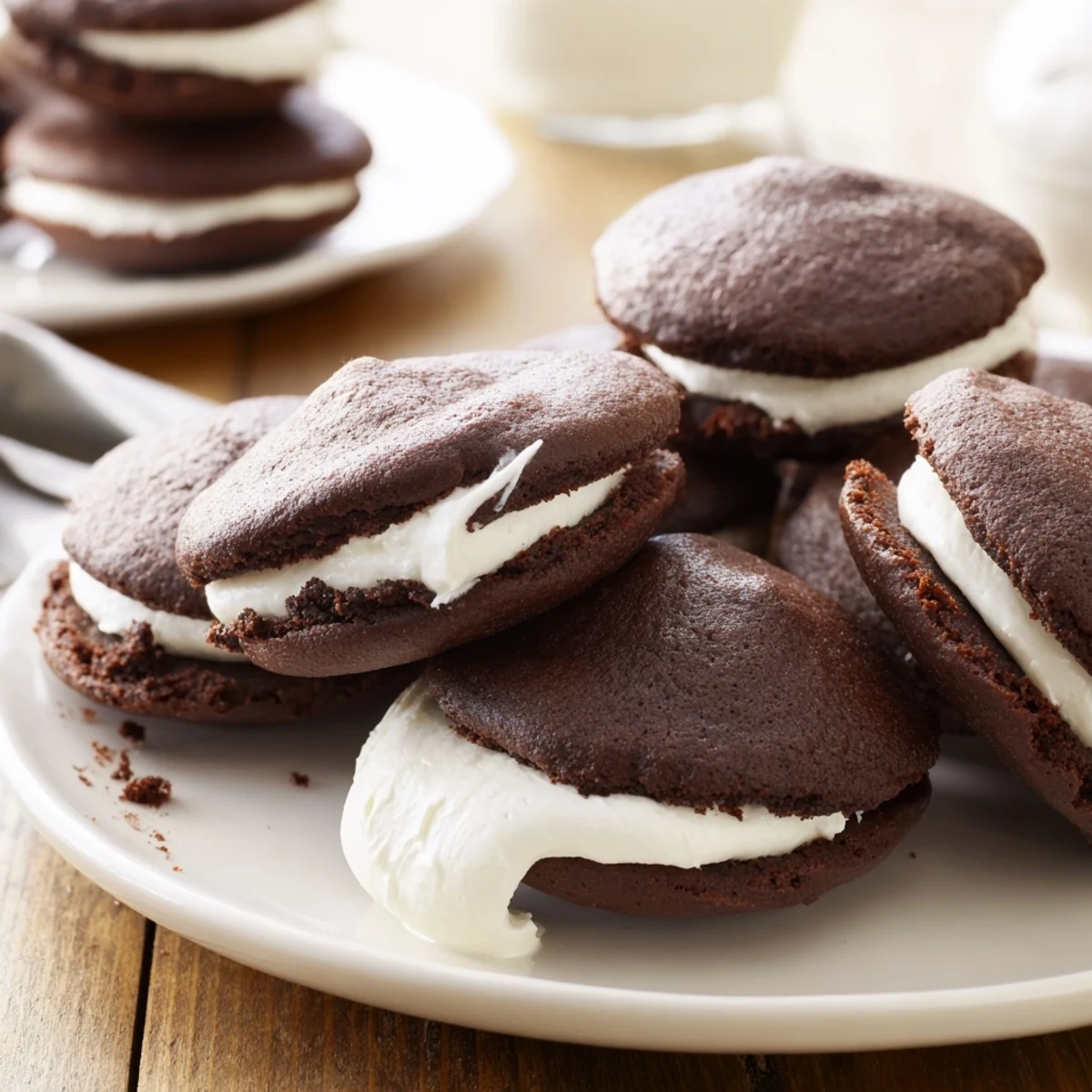 Freshly baked chocolate whoopie pies with generous marshmallow frosting stacked together
