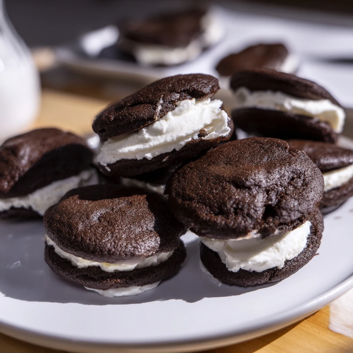 Homemade whoopie pies featuring dark cakey cookies sandwiching sweet marshmallow filling