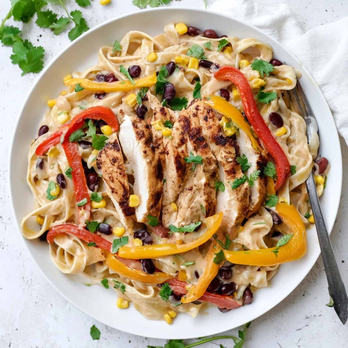 Creamy Southwest chicken Alfredo pasta topped with colorful bell peppers and fresh cilantro garnish