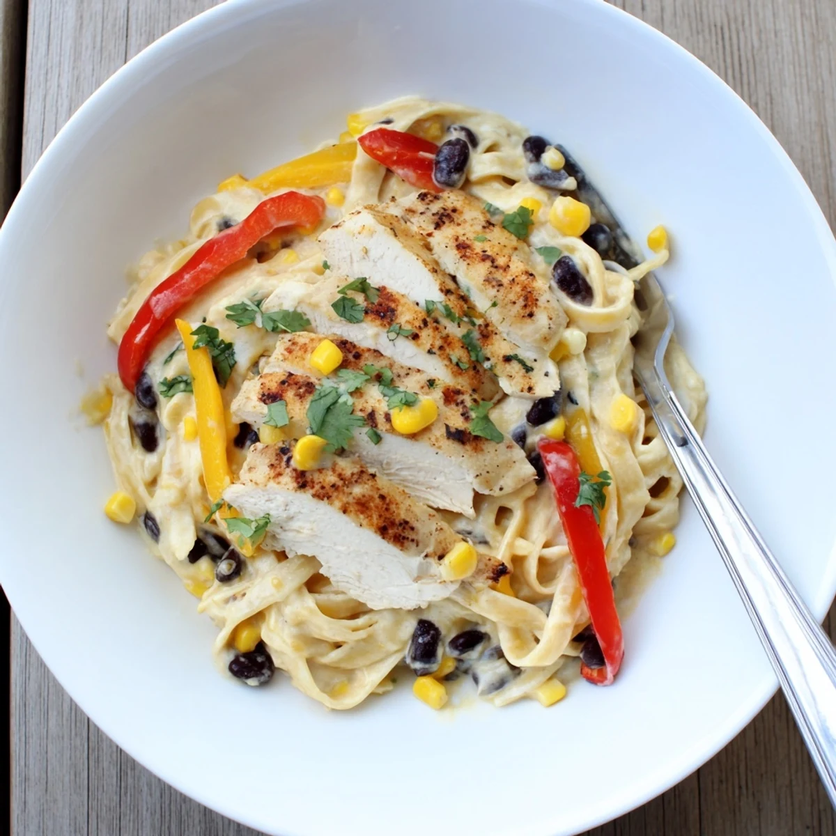 Bowl of zesty Southwest chicken Alfredo featuring sliced spiced chicken over vegetable-rich Alfredo sauce