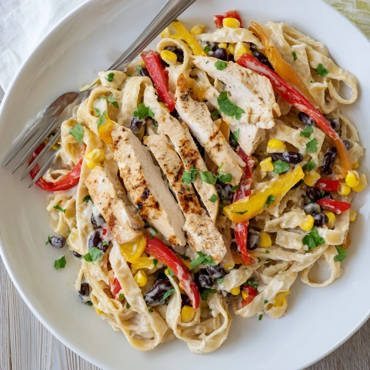 Golden sliced chicken rests on creamy Southwest Alfredo pasta with red and yellow peppers
