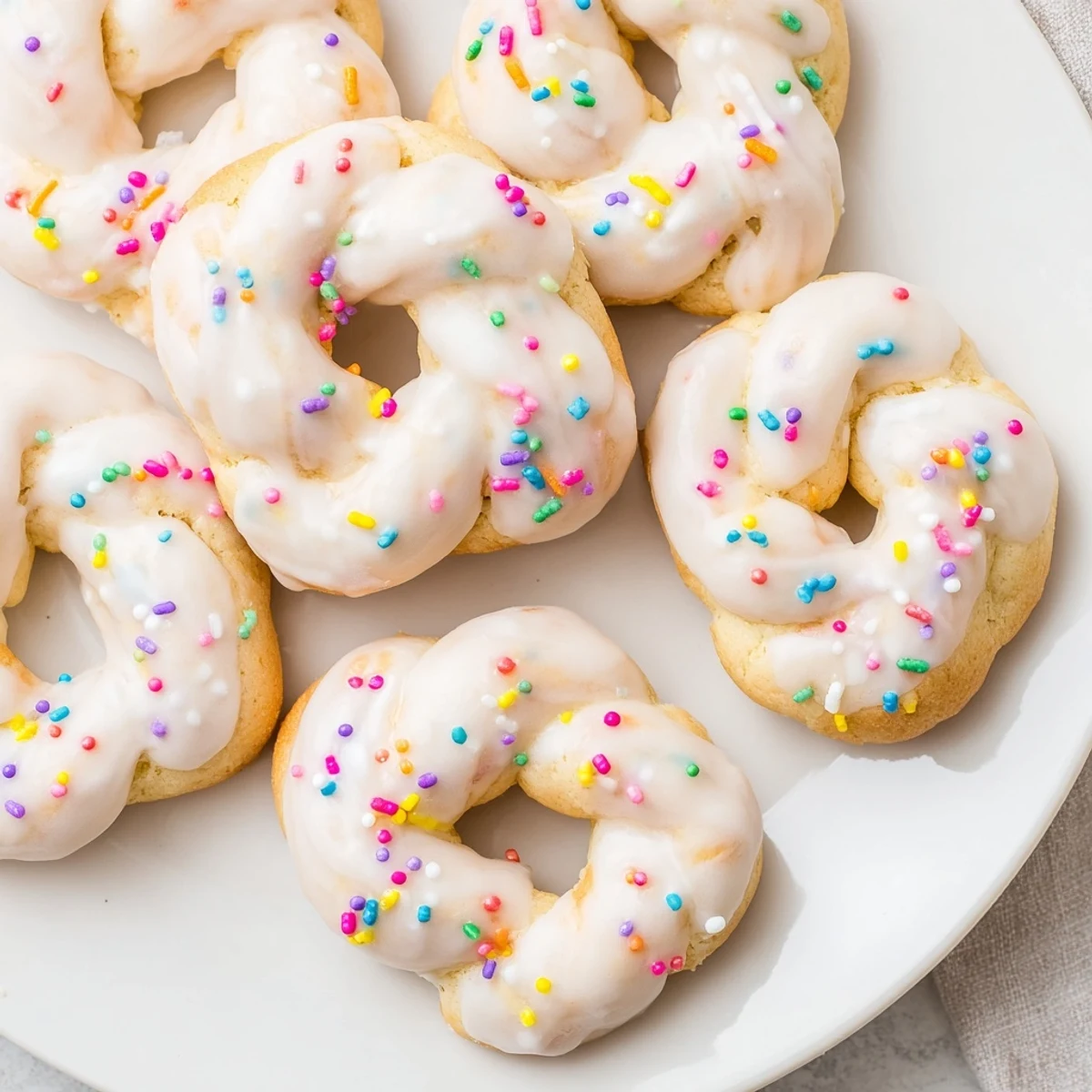 Soft Italian Easter cookies topped with pastel glaze and colorful sprinkles on a white serving plate