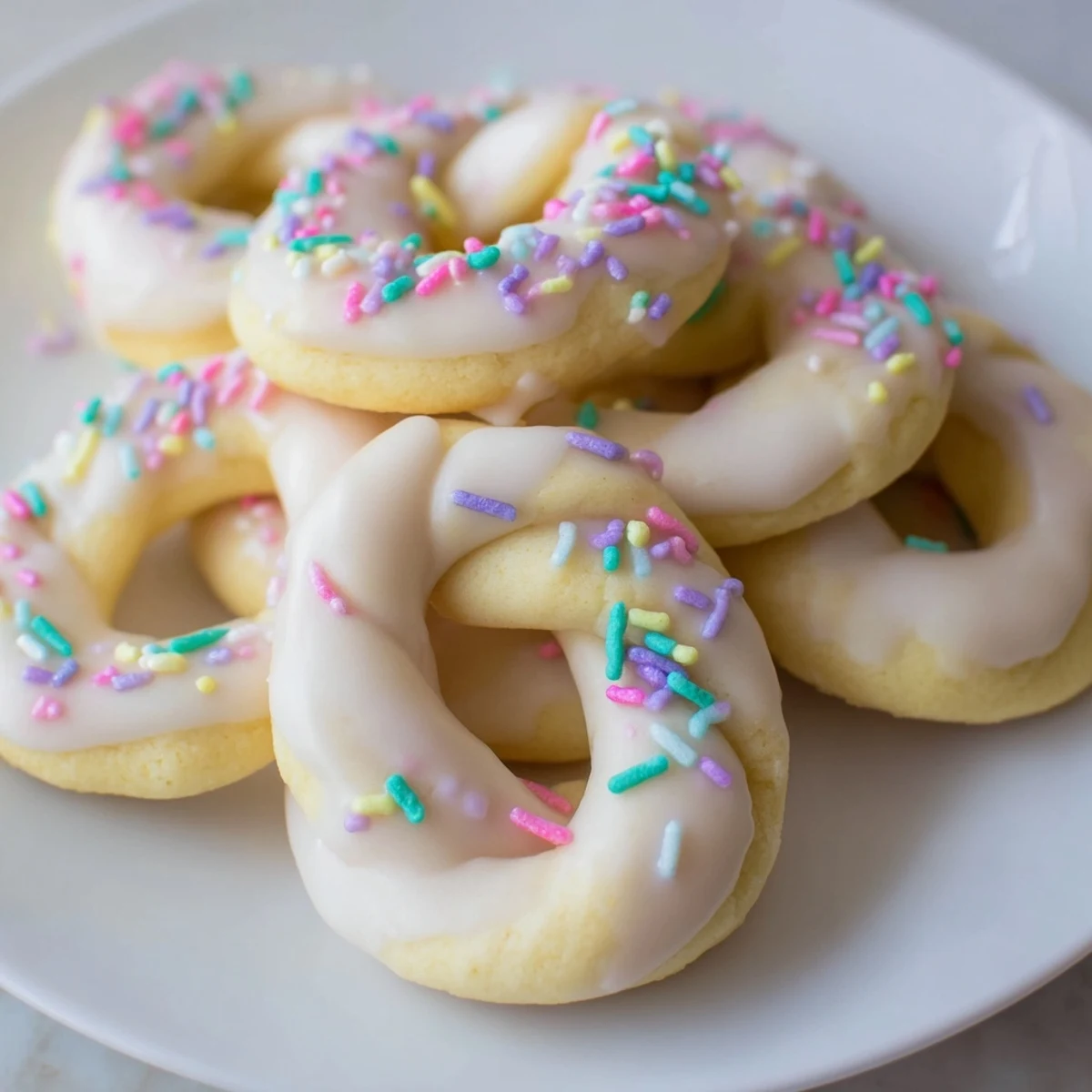 Traditional Italian Easter cookies glazed with vanilla icing and decorated with bright festive sprinkles for spring