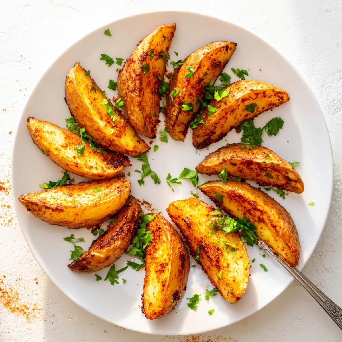 Fluffy inside air fryer potato wedges served on white plate with fresh parsley garnish