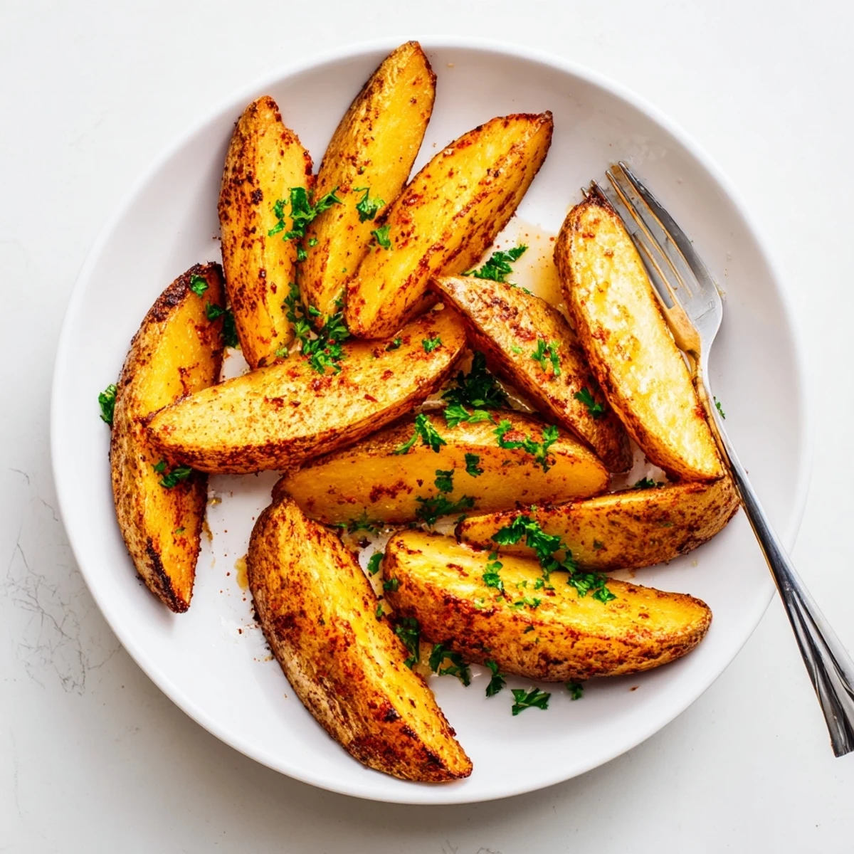 Heap of crispy air fryer potato wedges arranged with dipping sauce for snacking