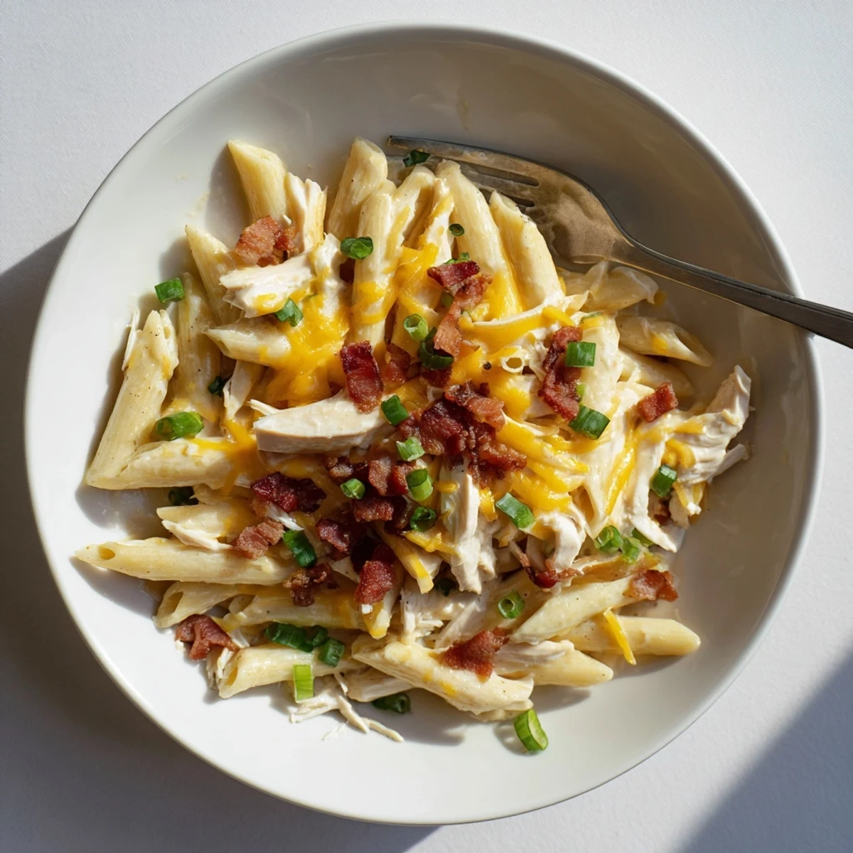 Steaming plate of crack chicken pasta garnished with parmesan and bacon bits