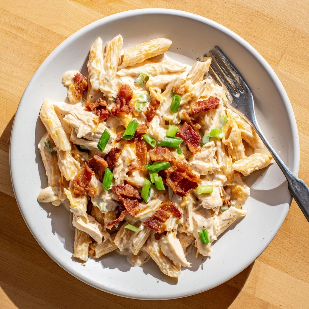 Creamy crack chicken pasta topped with crispy bacon and green onions in a rich ranch sauce