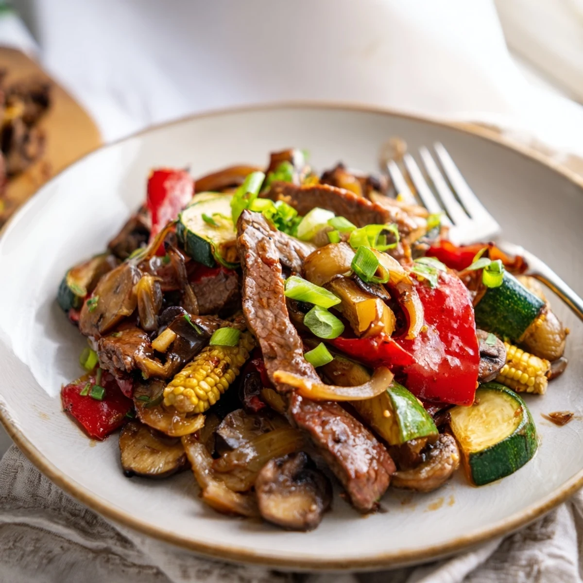 Blackstone cowboy stir fry featuring seared beef and colorful vegetables on a sizzling griddle