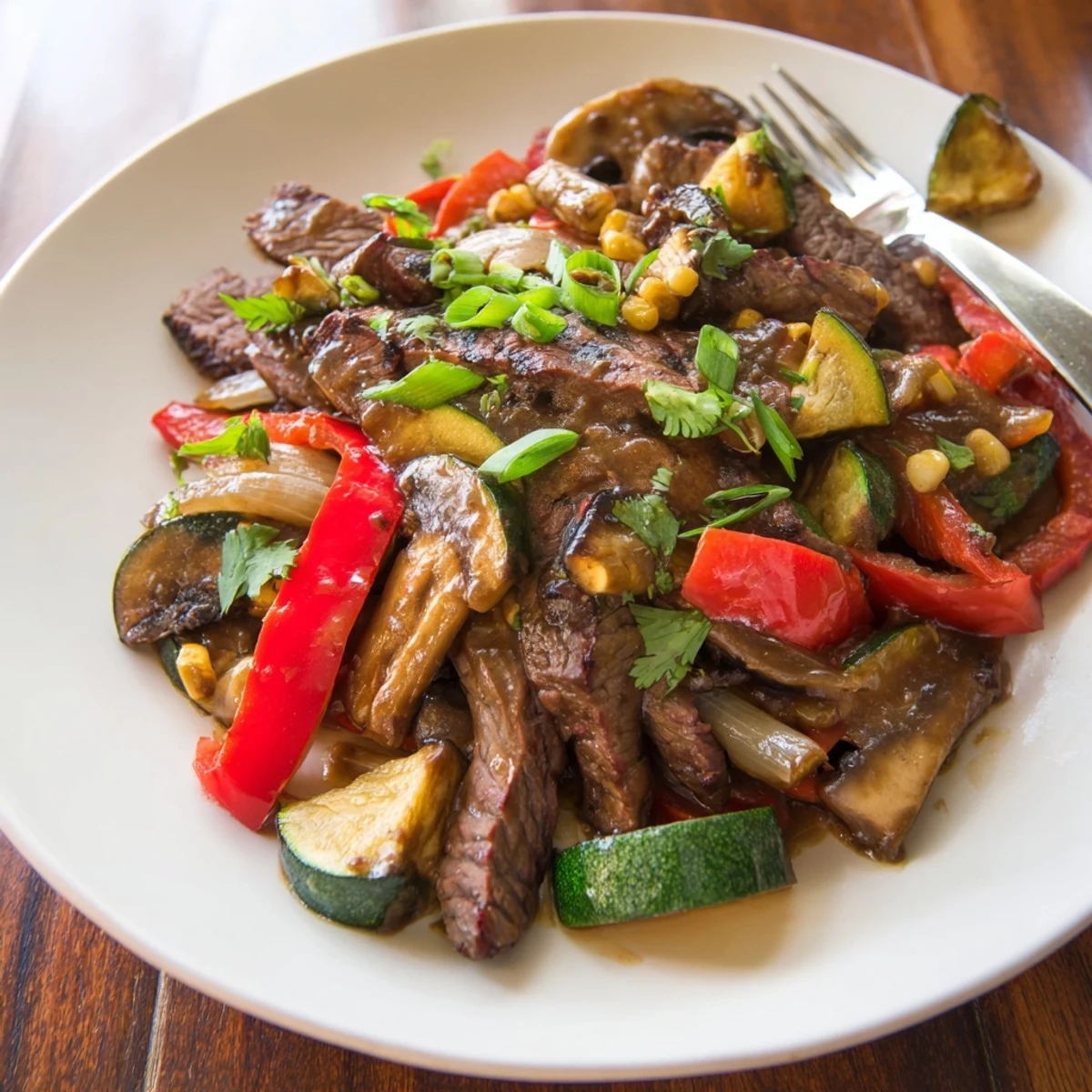 Hearty Blackstone cowboy stir fry with caramelized steak peppers and corn in glossy sauce