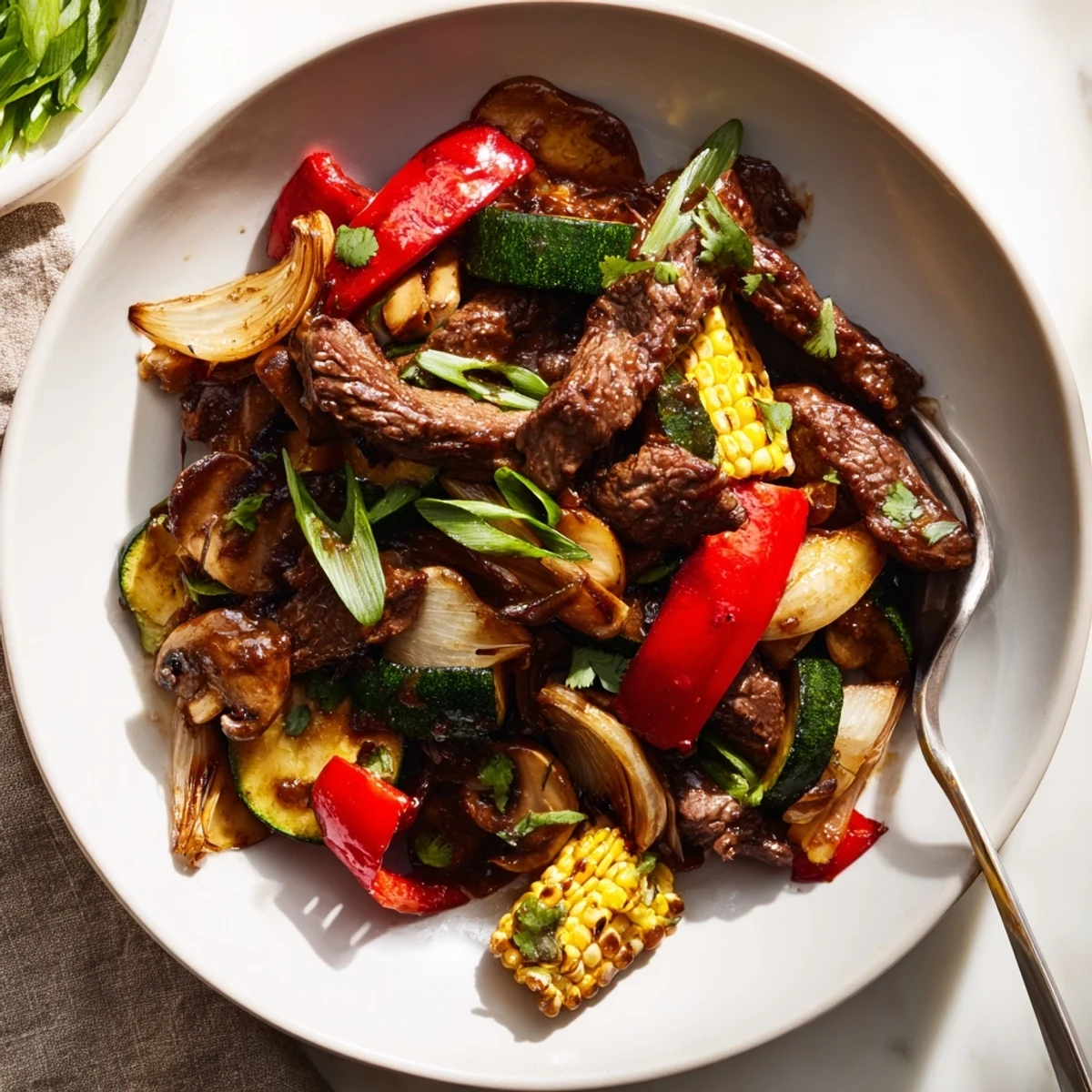 Rustic Blackstone cowboy stir fry loaded with smoky beef and crisp-tender grilled vegetables