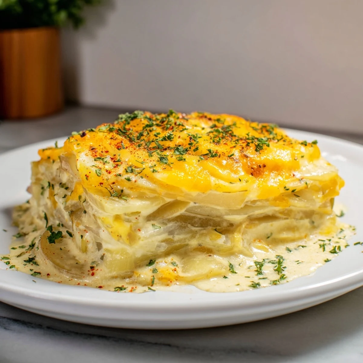 Golden layers of tender crockpot scalloped potatoes bubbling with melted cheddar and garlic cream sauce