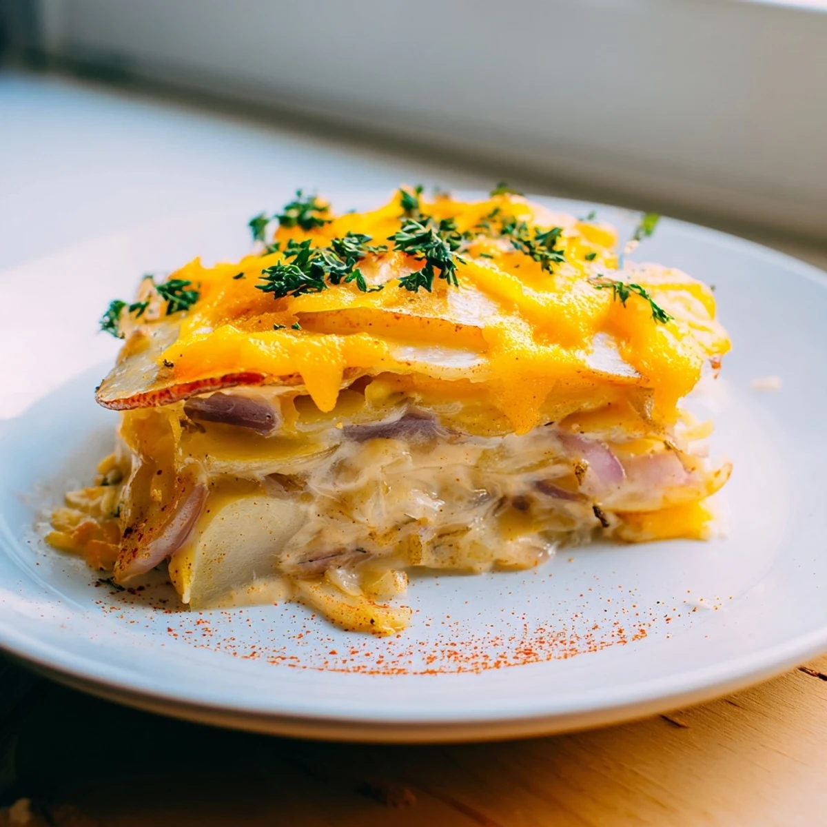 Creamy slow cooker scalloped potatoes in a rustic crockpot topped with golden browned cheese