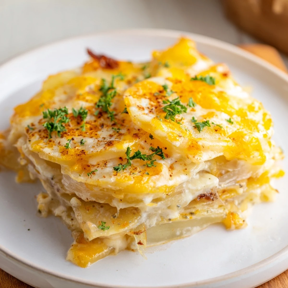 Comforting crockpot scalloped potatoes served garnished with fresh parsley showing rich potato and cheese layers