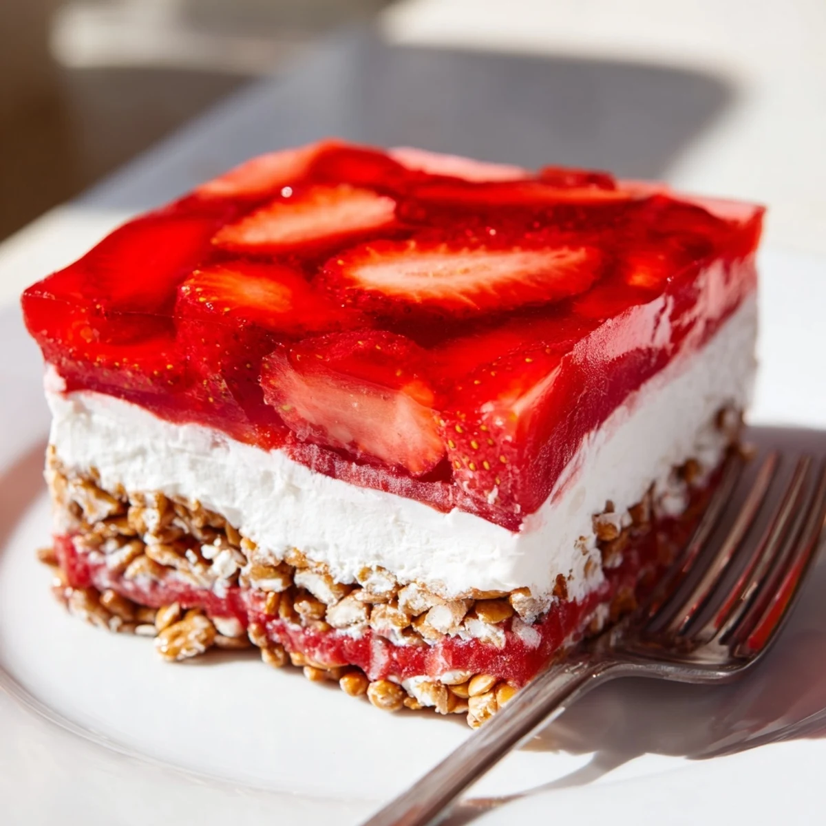 Glass rectangular dish revealing strawberry pretzel salad with layered pretzel crust, creamy middle, and bright red gelatin topped with fresh strawberry slices