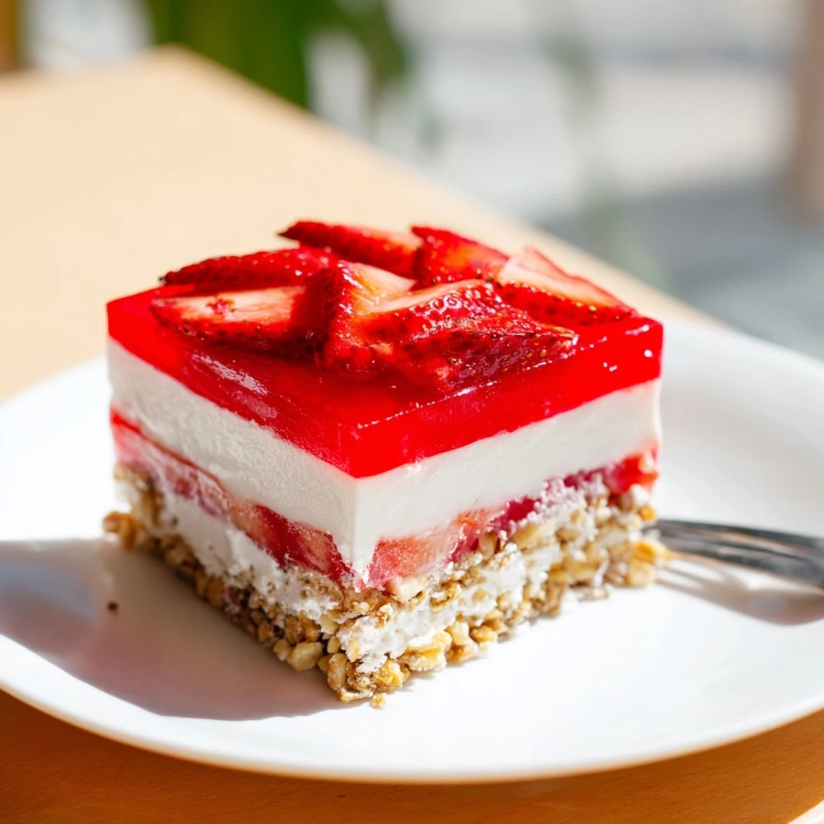 Creamy strawberry pretzel crackle salad displayed in clear baking pan with golden brown pretzel base, white cream cheese layer, and ruby red strawberry gelatin with floating fruit slices