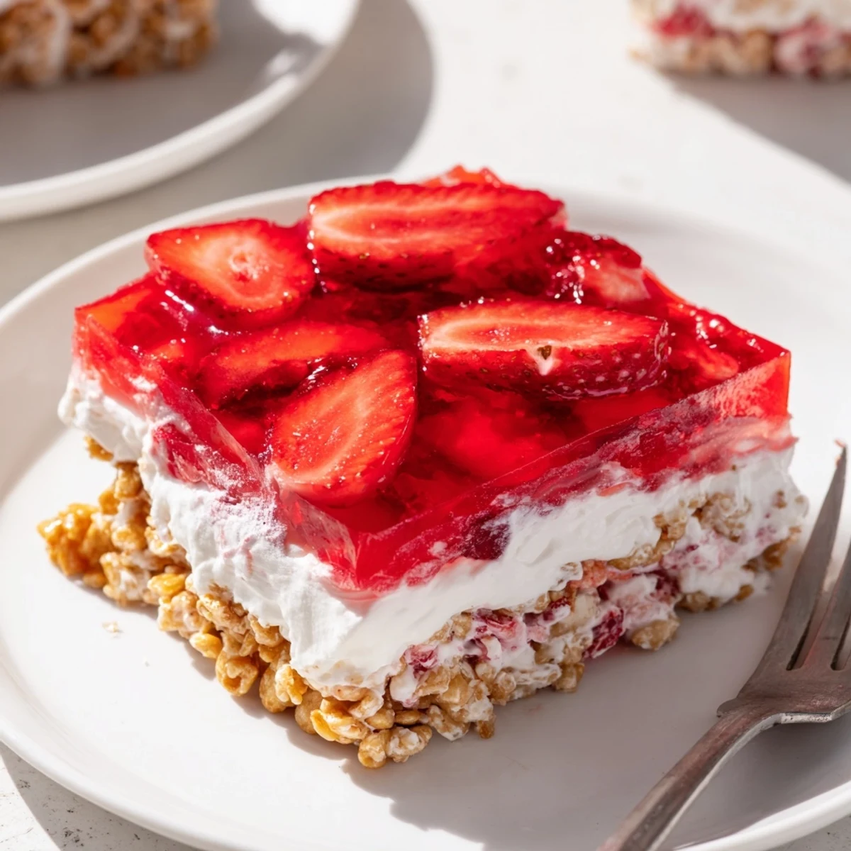 Close-up view of layered strawberry crackle dessert salad showing crisp crushed pretzel crust, smooth whipped cream cheese filling, and glossy strawberry Jell-O with fresh berry garnish