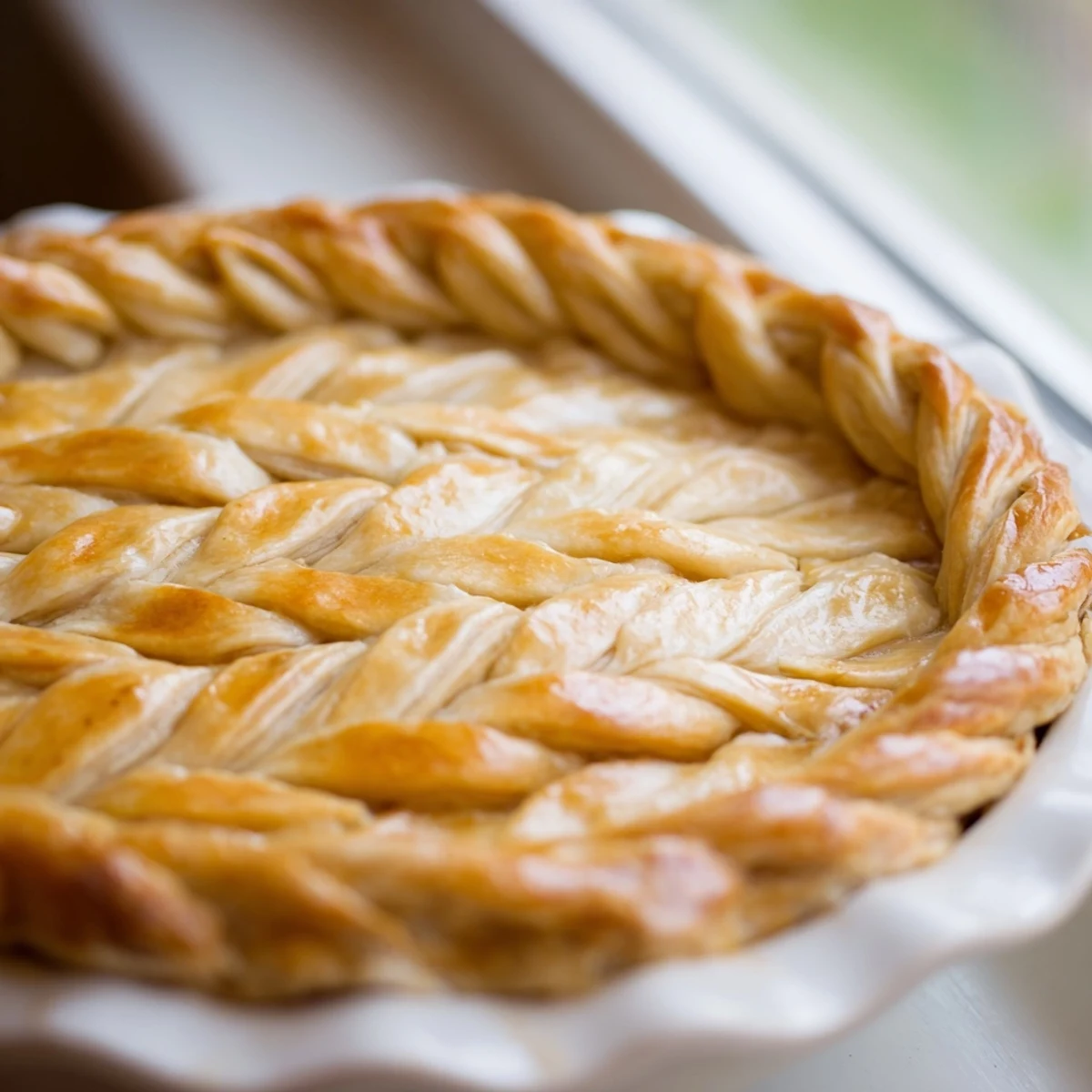 Golden brown fishtail braid pie crust with intricate woven pastry edges glazed with egg wash