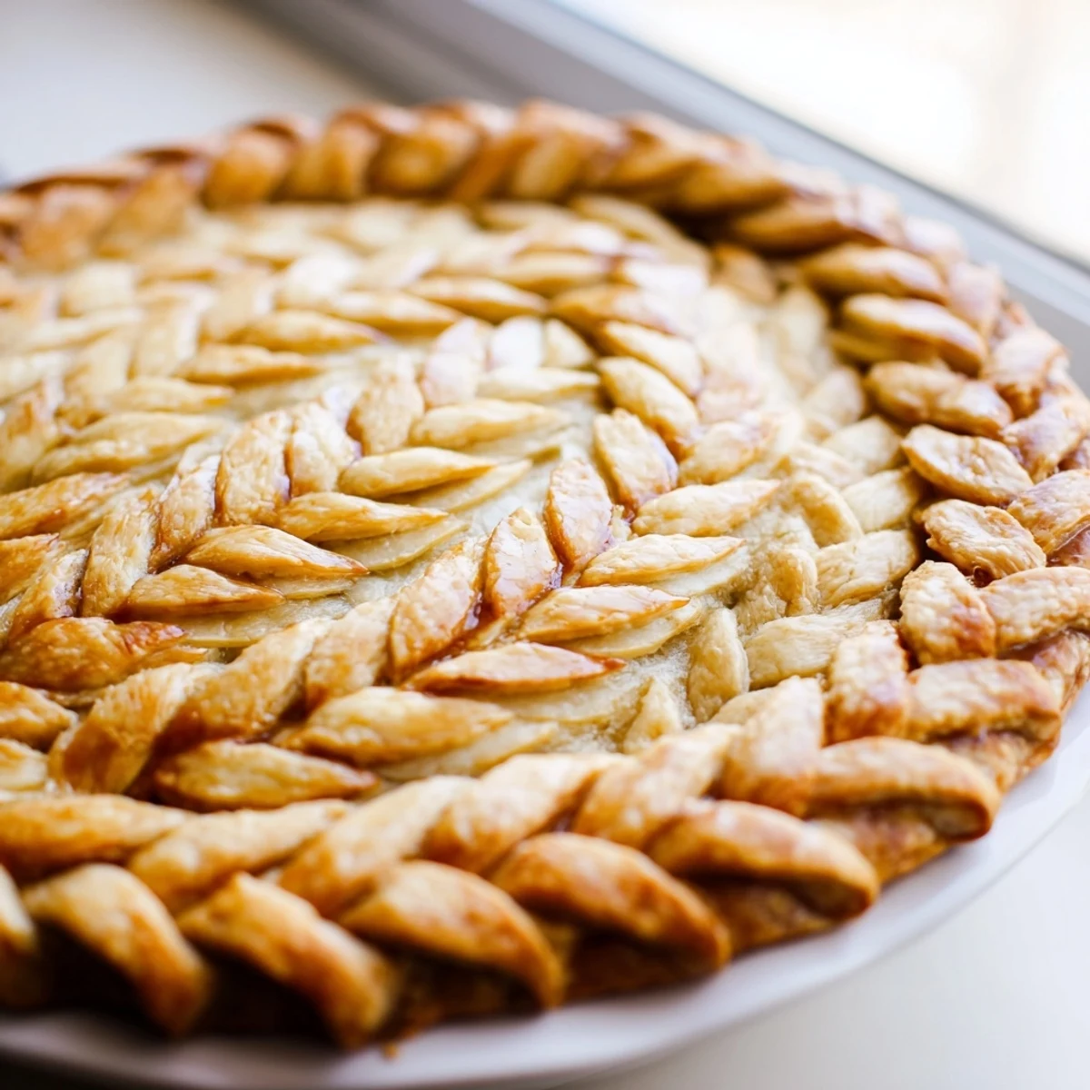 Hand-braided four-strand pie crust displaying elegant woven pattern brushed with golden egg wash