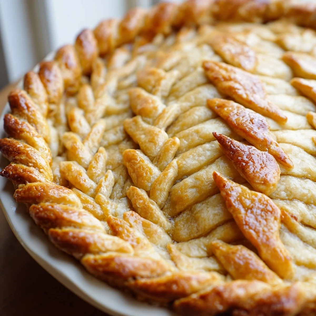 Decorative fishtail braid pastry crust featuring detailed braided strips on a homemade pie edge