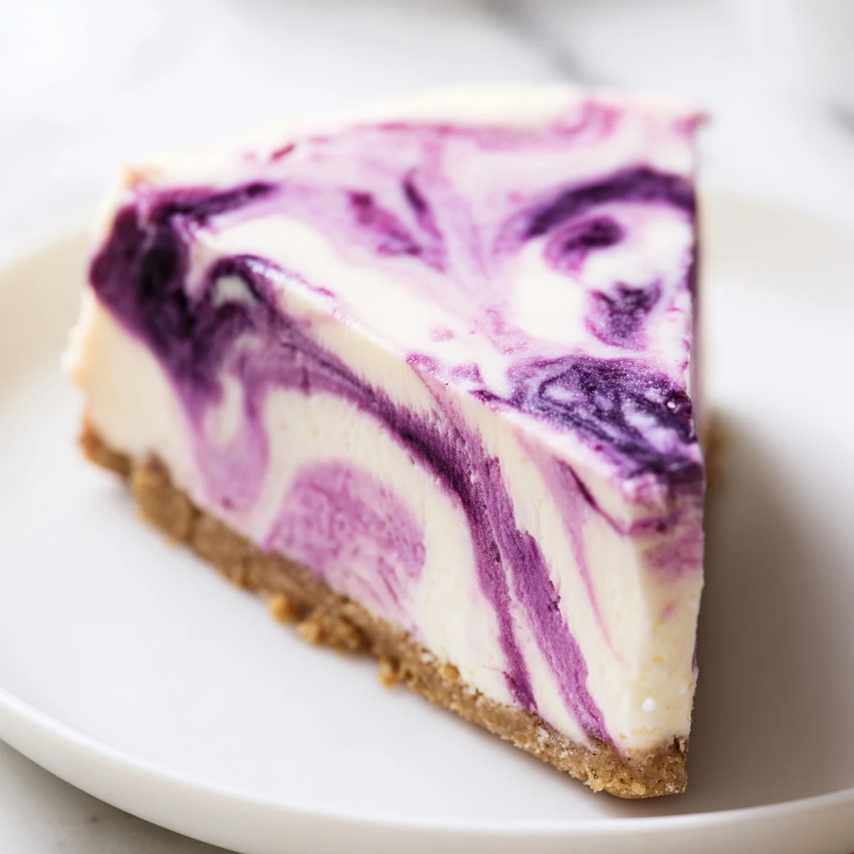 Creamy homemade Blackberry Bliss Cheesecake topped with fresh berries and mint garnish